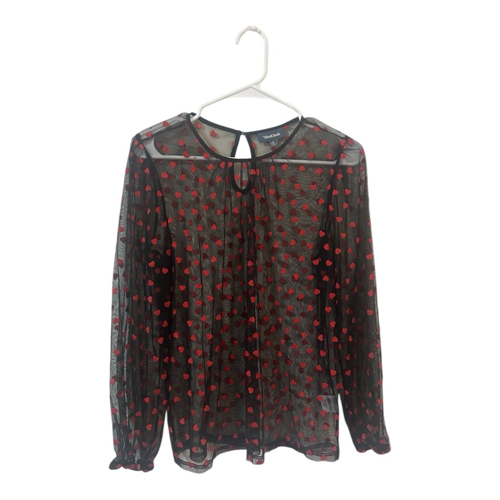 Modcloth Sheer Black Top with Red Heart Accents